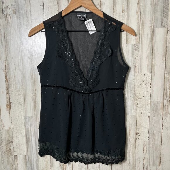 Vintage Y2k Wet Seal Deadstock Black Mesh Sequin Babydoll Top Womens Size Medium - Picture 1 of 4